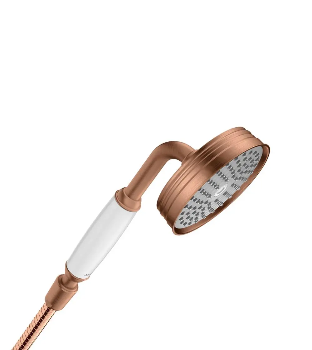 Handbrause mit einem runden Kopf in gebürstetem Rotgold und einem weißen Griff. Design von AXOR, geeignet für den Einsatz in modernen Badezimmern.